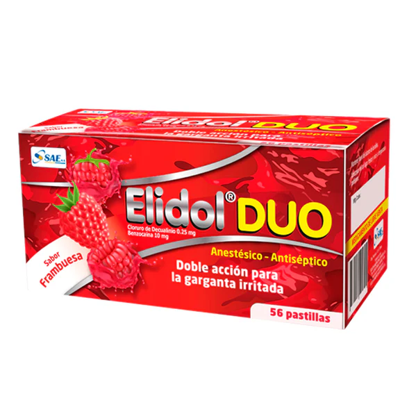 Elidol Duo Benzocaina Y Decualinio Sabor Frambuesa X Pastilla